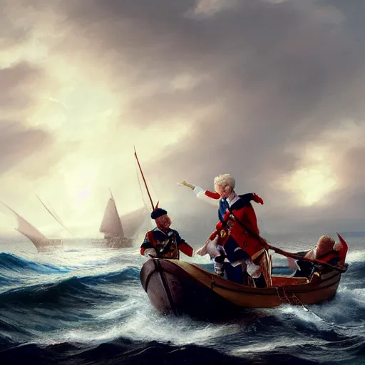 Image similar to bonnie prince charlie being sent off in a small boat amidst crashing waves while scotsmen help him, 4 k, concept art, by wlop, ilya kuvshinov, artgerm, krenz cushart, greg rutkowski, pixiv. cinematic dramatic atmosphere, sharp focus, volumetric lighting, cinematic lighting, studio quality