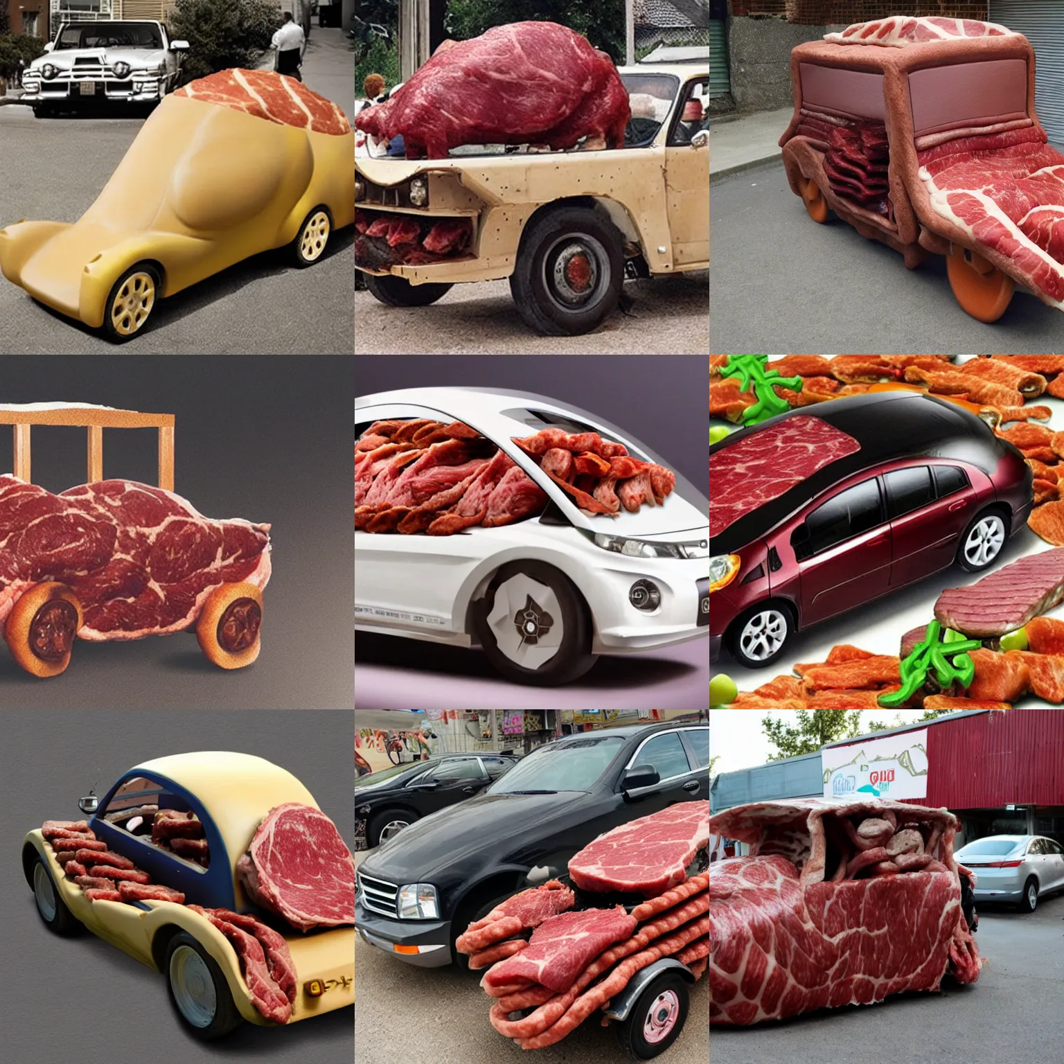 Prompt: a car made of meat