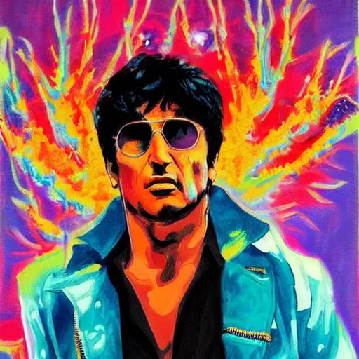 Prompt: ' acrylic painting of tony montana in a style of cyberpunk delivery club, in salvia divinorum, photorealistic glamour necro science'