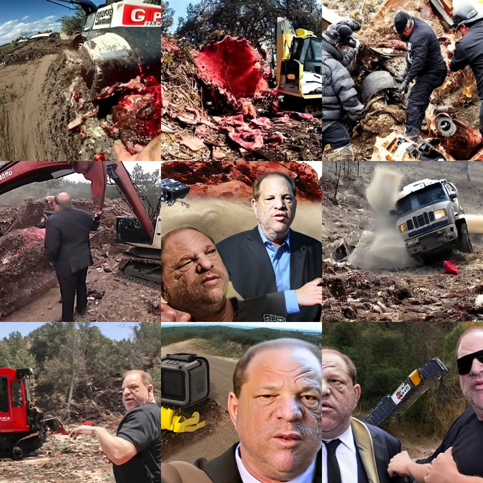 Prompt: gopro footage of harvey weinstein getting mangled by a bulldozer, blood and bone, red meat shreds