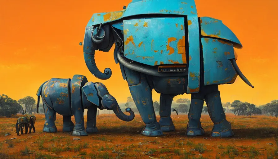 Image similar to an intricate oil painting of a giant south african armored elephant shaped scrap metal mecha by simon stalenhag, yellow, orange and cyan paint decals