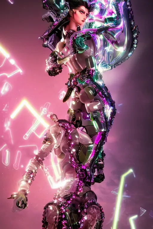 Prompt: full-body rococo and cyberpunk style crystal quartz sculpture of a young handsome seductive chilean android gogo reaching for the sky, glowing pink laser eyes, crown of white gears and diamonds, swirling green-colored silk fabric. futuristic elements. full-length view. intricate artwork by caravaggio. Trending on artstation, octane render, cinematic lighting from the right, hyper realism, octane render, 8k, depth of field, 3D