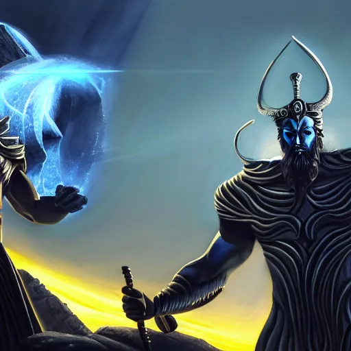 Prompt: stunning painting of futuristic zeus kneels in front of futuristic hades, ancient olympus mountain, hades victorius, wisdom, evilness, ultra detailed faces and eyes, epic, ultimate, anger effects, cinematic rendered, medium lighting, sharp focus by concept art, masterpiece, mythologic futurism, artstation hd, unreal engine 5, 8 k resolution, high quality image