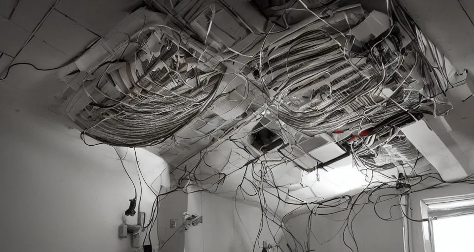 Image similar to a tangle of air ducts, cables and wiring in a small dysoptian flat, directed by terry gilliam