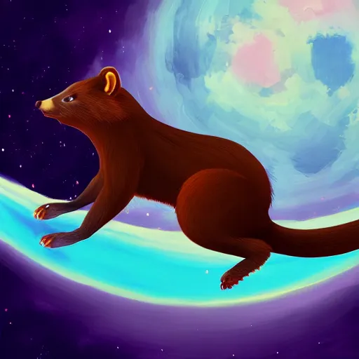 Image similar to giant pine marten in space holding a planet, digital art, trending on artstation, highly detailed, minimalistic art