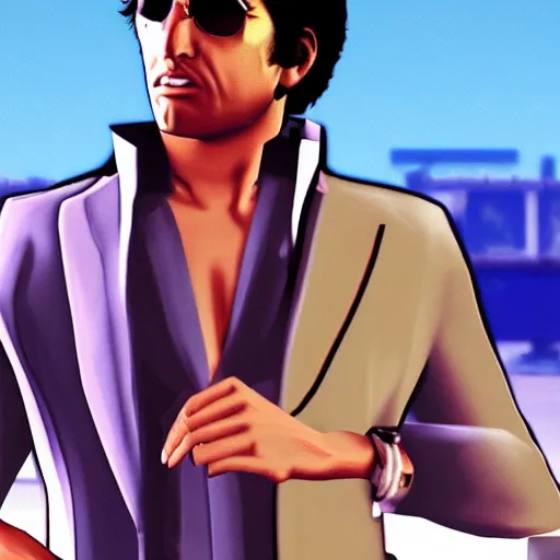 Prompt: screenshot of tony montana as a character in grand theft auto vice city videogame