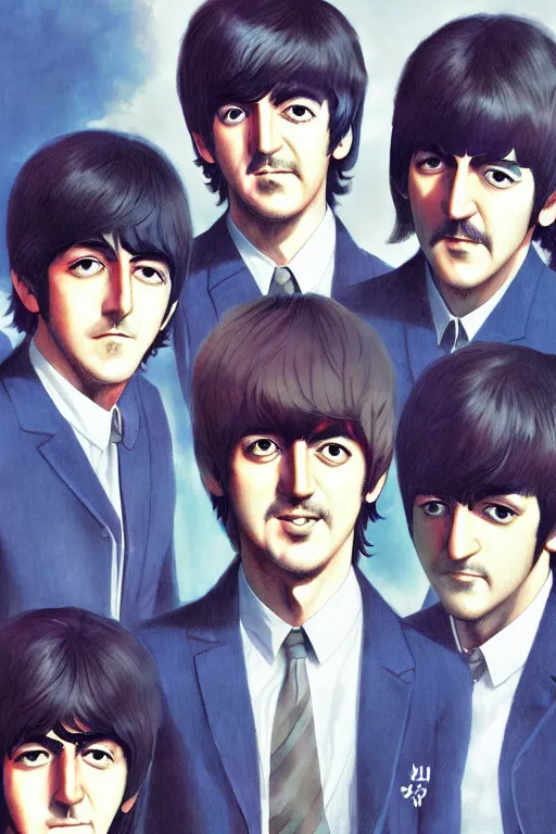 Image similar to the beatles, manga cover art, detailed color portrait, artstation trending, 8 k, greg rutkowski