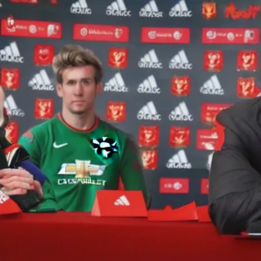 Image similar to BBC Sports photography of a Manchester United press conference introducing Master Chief as their latest signing