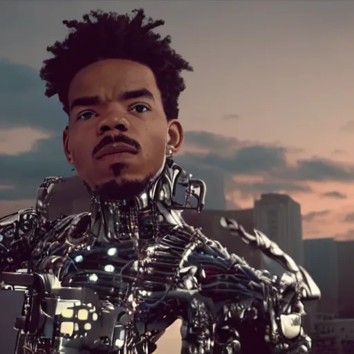 Image similar to a cinematic film still of rapper chance the rapper as a cybernetic cyborg, cgi, surrealism, film photography