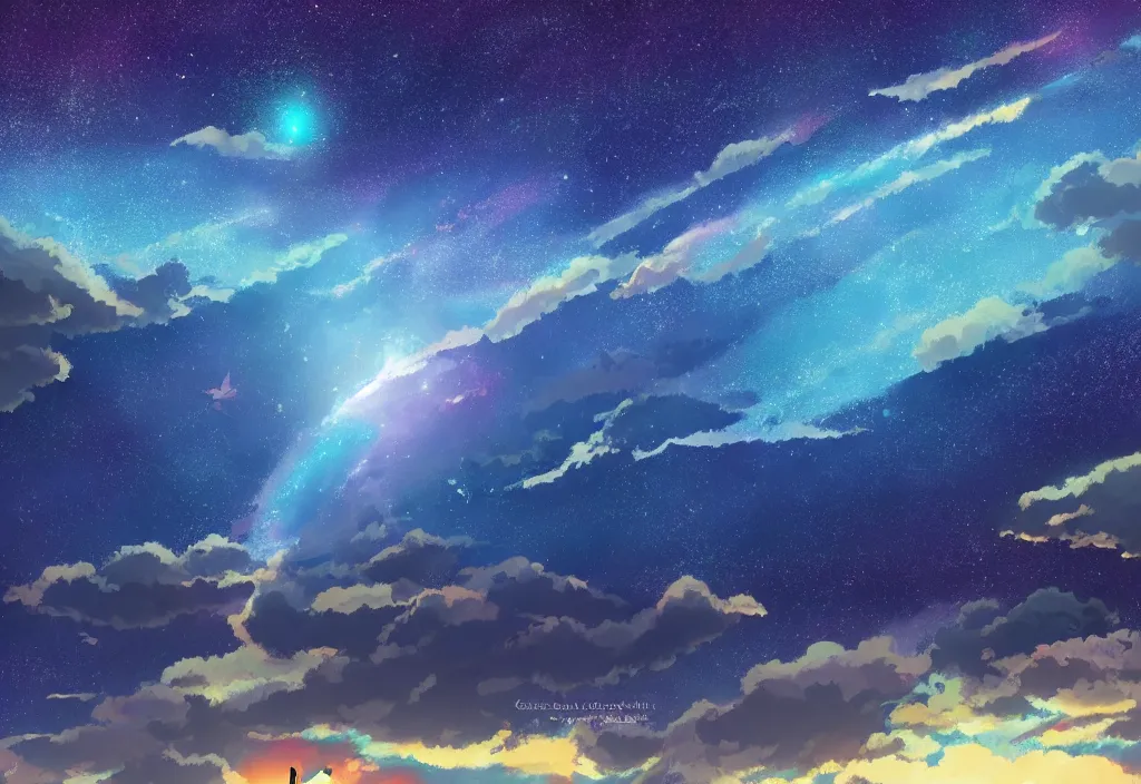 Prompt: breathtaking digital painting of the sky of kimi no na wa, by celestialfang, ghibli, pastel colors and shootign stars in northern light love,