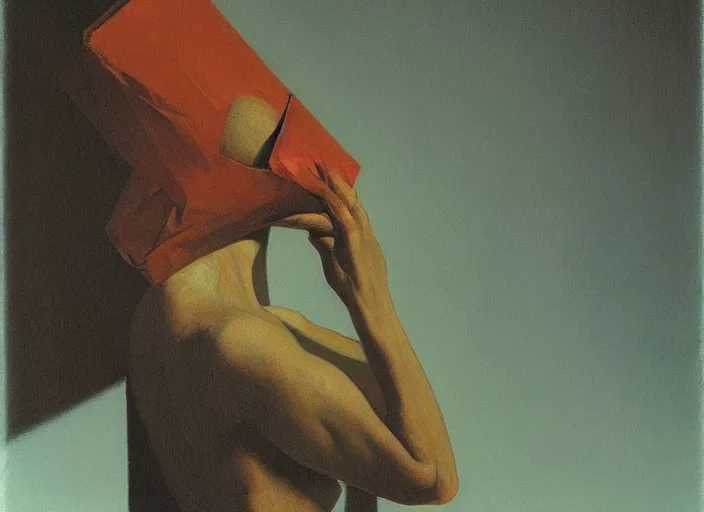 Prompt: woman with a paper bag over the head Edward Hopper and James Gilleard, Zdzislaw Beksinski, highly detailed