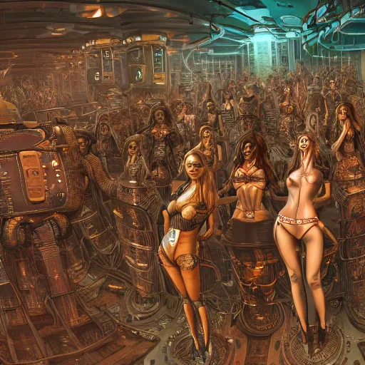 Image similar to intricate detailed artwork of a futuristic robot controlling thousands of beautiful female ravers, full frontal views, in the style of Geof Darrow, steampunk, fully filled out women, torn clothing, bikinis, ultra hd, 8k, redshift render, pixar