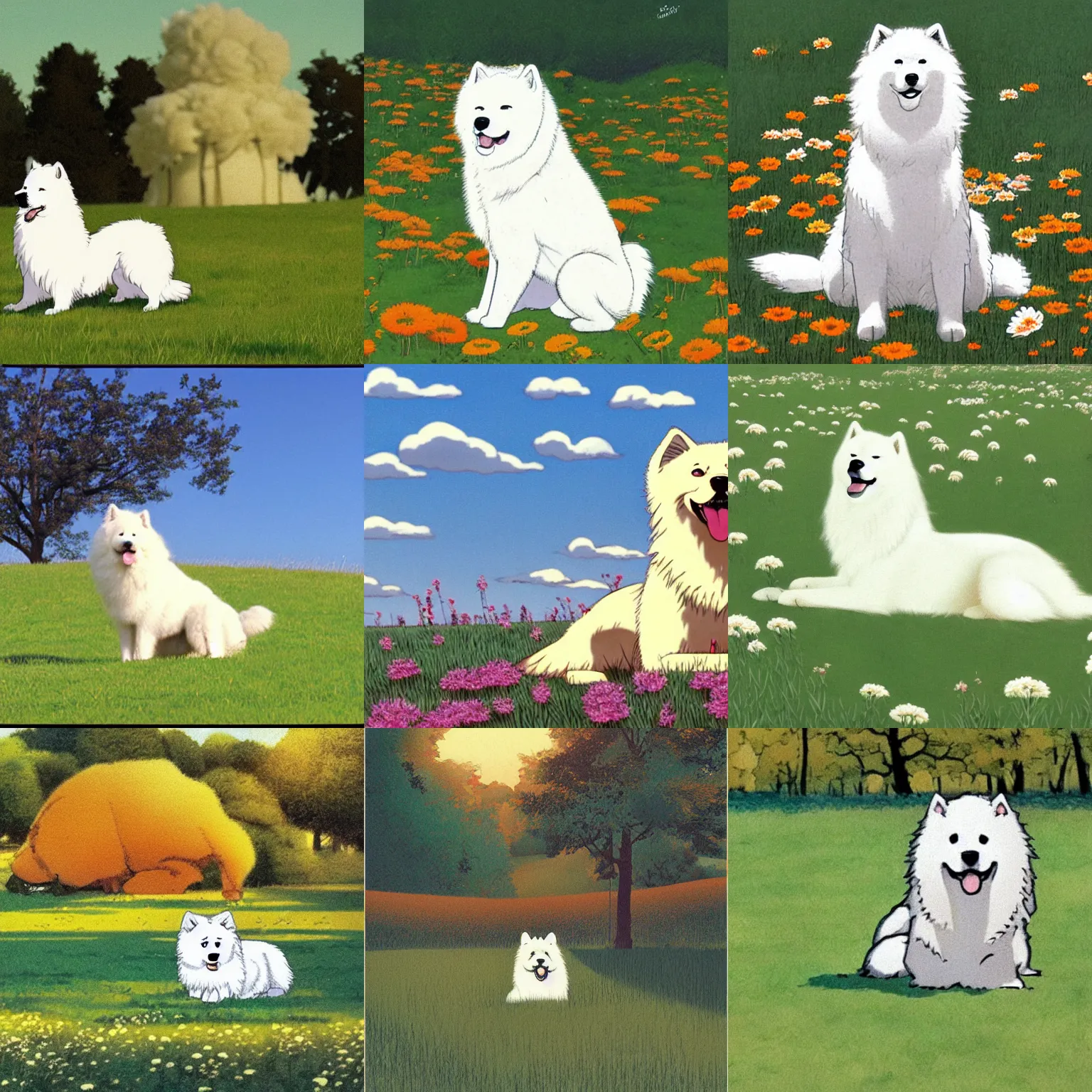 Prompt: a samoyed dog sitting in the middle of sunny meadow, by Satoshi Kon
