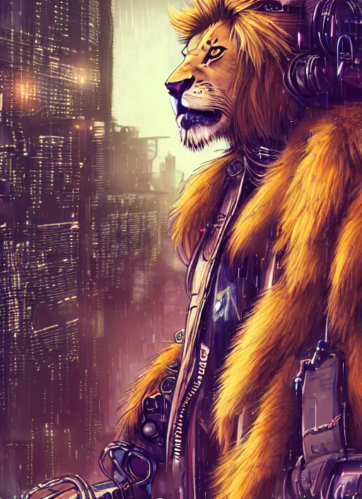 Image similar to character portrait of a male anthro lion fursona with a tail and a cute beautiful attractive detailed furry face wearing stylish cyberpunk clothes in a cyberpunk city at night while it rains. hidari, color page, tankoban, 4K, tone mapping, Akihiko Yoshida.