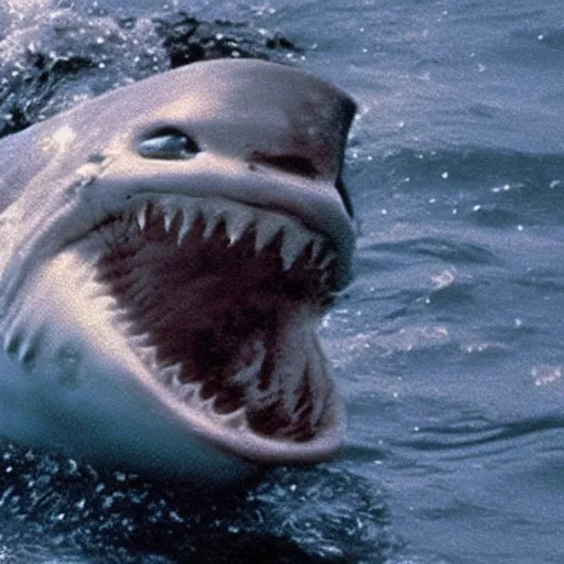 Prompt: Film still of Harry Potter swimming from a shark, from Jaws (1975)