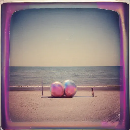 Image similar to a pastel colour high fidelity Polaroid art photo from a holiday album at a seaside with abstract inflatable parachute furniture, all objects made of transparent iridescent Perspex and metallic silver, no people, iridescence, nostalgic