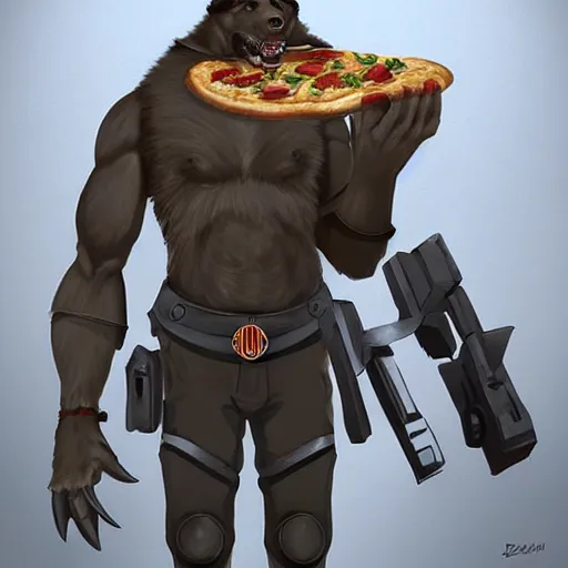 Image similar to a humanoid german shepherd beast - man in military style, holding a slice of pizza, artstation, concept art, smooth, sharp foccus ilustration, artstation