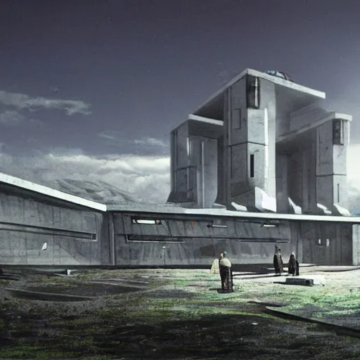 Image similar to sci fi utopian far future research facility exterior, brutalist architecture, grand scale