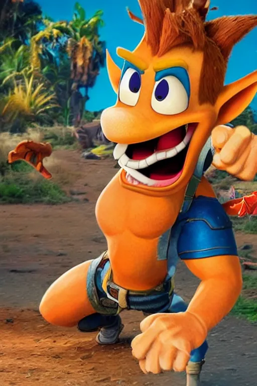Image similar to Chris Pratt as Crash Bandicoot in live action adaptation, set photograph in costume, cosplay, cover of Vogue