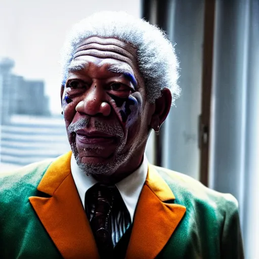 Image similar to a film still of Morgan Freeman starring as The Joker, 40mm lens, shallow depth of field, split lighting, cinematic