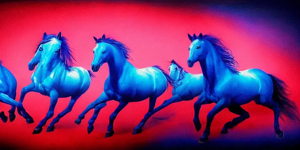 Image similar to blue inside out horses galloping with cowboys riding, too many hands in all directions, too many teeth, too many eyes, in hoc signo vinces, waterfall, in the style of gottfried helnwein, high contrast chiaroscuro, intricate composition, blue light, insanely quality, highly detailed, masterpiece, red light, artstation