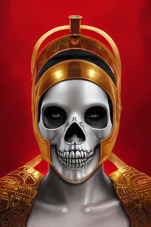 Image similar to ultra realistic illustration, 3 d render of a nun with a skull helmet red and gold accents, gothic, dark, hacknaut cyberpunk, sci - fi, fantasy, intricate, elegant, highly detailed, digital painting, artstation, concept art, smooth, sharp focus, illustration, art by artgerm and greg rutkowski and alphonse mucha