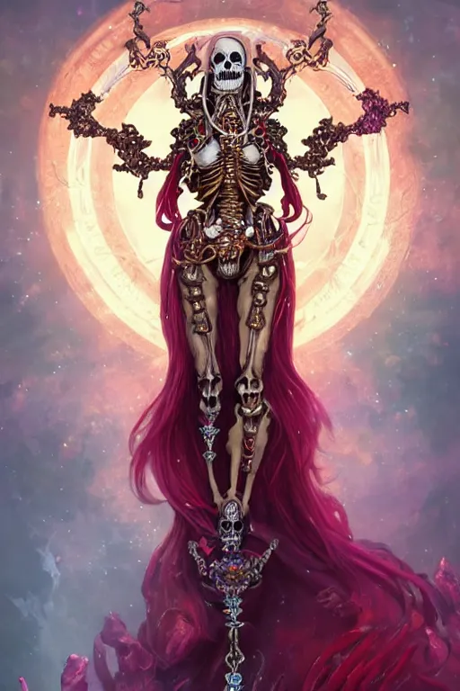 Image similar to woman lich skeleton made of iridescent aether and shiny gems covered with blood, long red hair, golden necklace, ultra realistic, concept art, intricate details, highly detailed, photorealistic, octane render, 8 k, unreal engine. dnd art by artgerm and greg rutkowski and alphonse mucha