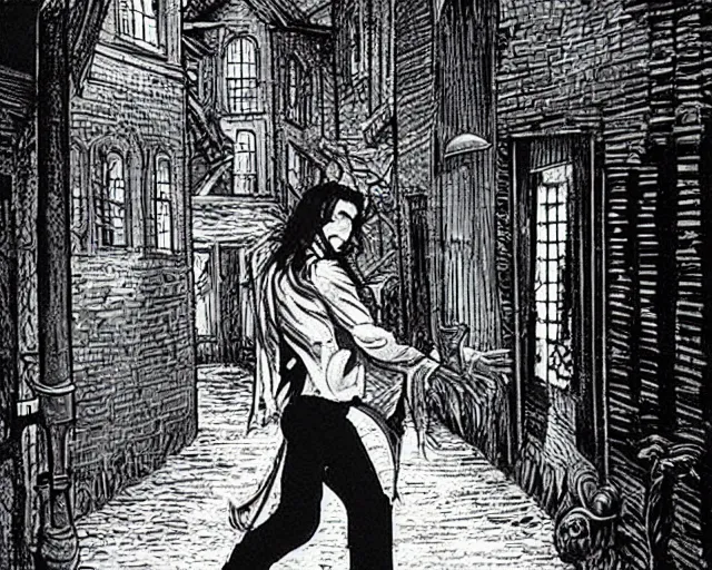 Image similar to a vampire walking down a foreboding alley looking for trouble, from buffy the vampire slayer