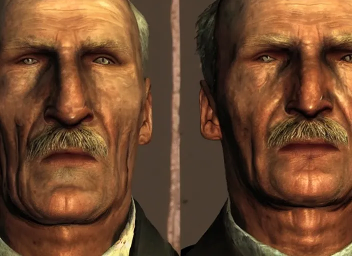 Image similar to Close up screenshot of Janusz Korwin-Mikke centered on his face in the game Fallout: New Vegas (2010), screenshot from Fallout: New Vegas (2010)