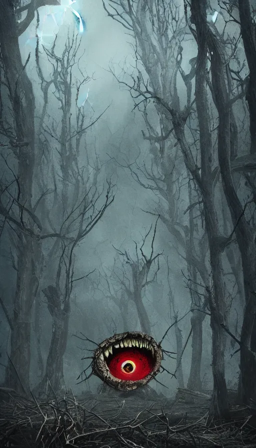 Image similar to a storm vortex made of many demonic eyes and teeth over a forest, with octane