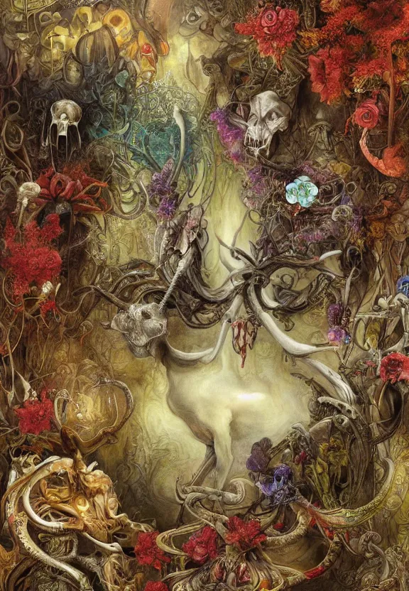 Image similar to simplicity, elegant, colorful muscular eldritch animals and bones radiating from fractal, orchids, lilies, flowers, mandalas, by h. r. giger and esao andrews and maria sibylla merian eugene delacroix, gustave dore, thomas moran, pop art, cyberpunk, art nouveau