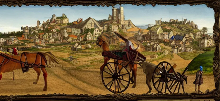 Image similar to a medieval horse - drawn cart, digital art, extreme detail, with the village in the distance