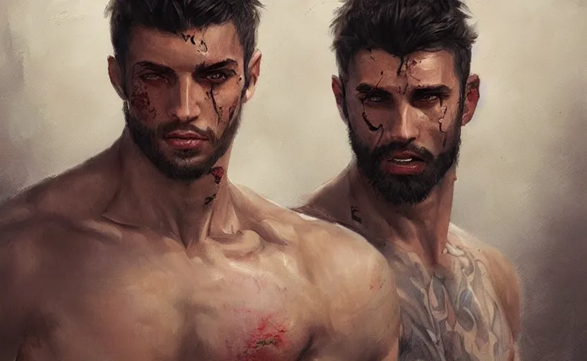 Image similar to a painting of arkul trending on artstation in the style of greg rutkowski, beautiful, male, sensual, natural skin, muscular, stubble, warrior, tattoos