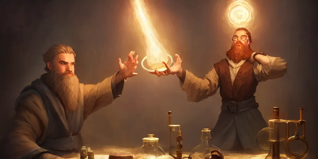 Prompt: a handsome bearded white male mage with brown hair he is casting a spell emanating from his hands, he is in a alchemist workshop filled with beakers and equipment, open hands, sharp focus, waist up, trending on artstation, by greg rutkowski, rudy siswanto and anna podedworna