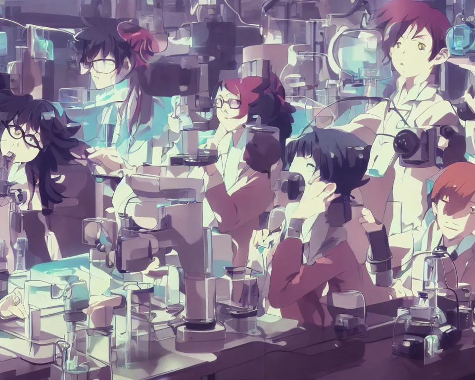 Image similar to anime still of reckless!!! whimsical! trippy scientists in a lab inventing, presentation, scattered tables overloaded with doomsday devices and beakers and test tubes, by makoto shinkai yoshinari yoh ilya kuvshinov