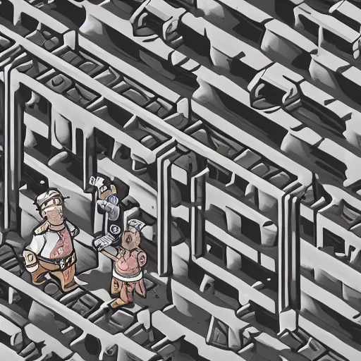 Prompt: where's wally in an underground dwarven stronghold, isometric view, photorealism