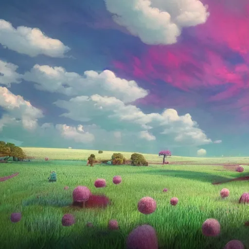 Prompt: a farm on a world made out of psychedelic cotton candy with pink grass, beautiful sky, cinematic composition, Jim Burns, Craig Mullins, wide angle, in the style of hayao miyazaki + brian froud + kim jung gi, studio ghibli, beautiful high detail enhanced 8k render