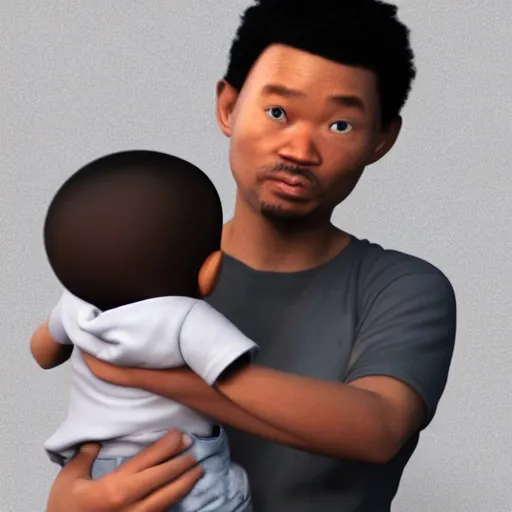 Image similar to black baby held by confused asian man, award winning art, pixar, 3 d render, unreal engine