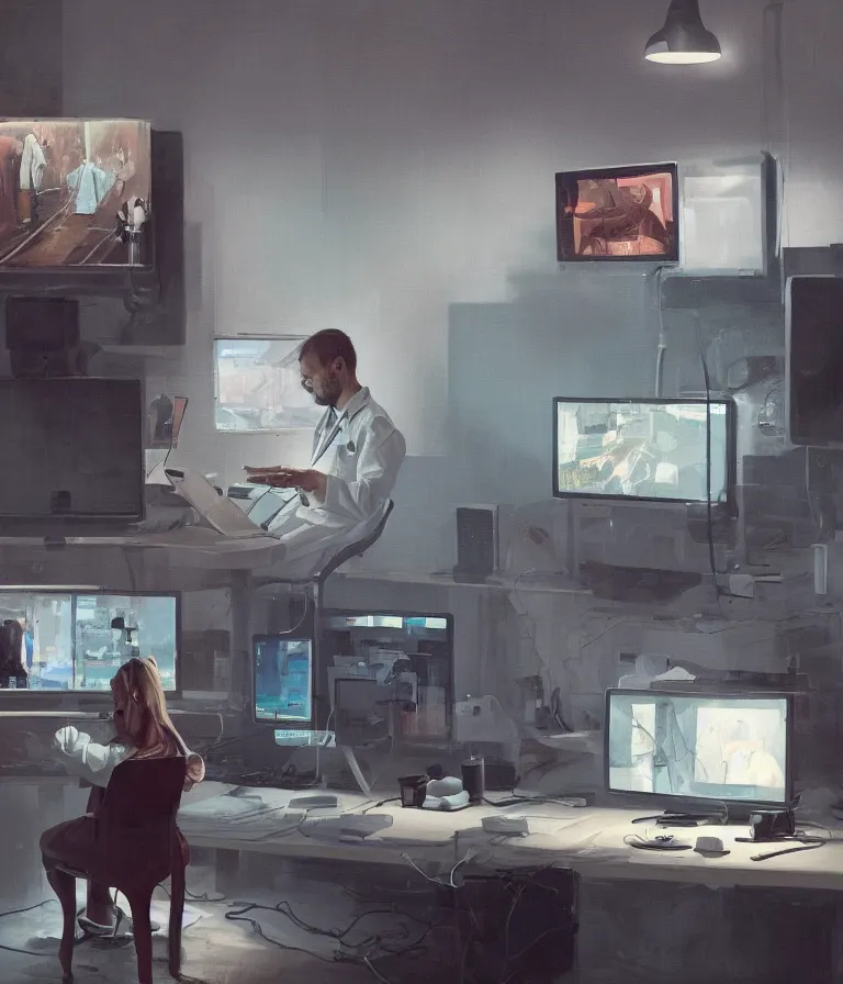 Prompt: a cloes up portrait of a researcher in a white coat in front of a computer and screens in a painting from stalenhag, 4 k, 8 k, hdr, artstation