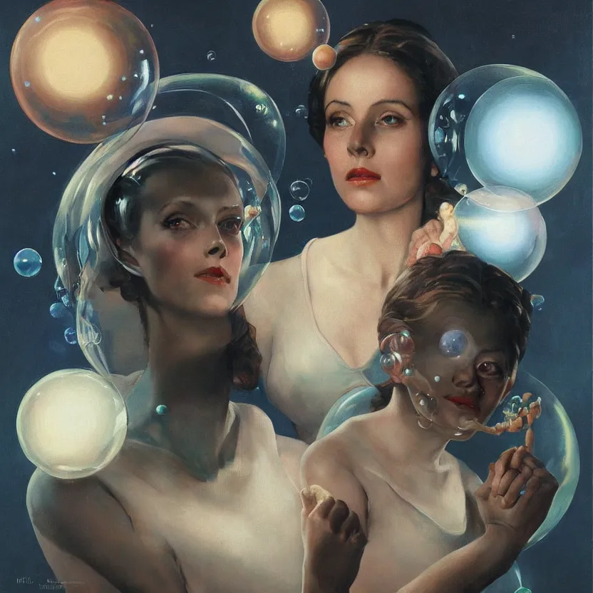 Image similar to portrait painting of a beautiful alien woman with big eyes, by norman rockwell. floating glowing bubbles. muted colors, soft gradients. dark background. trending on artstation. retrofuturism.