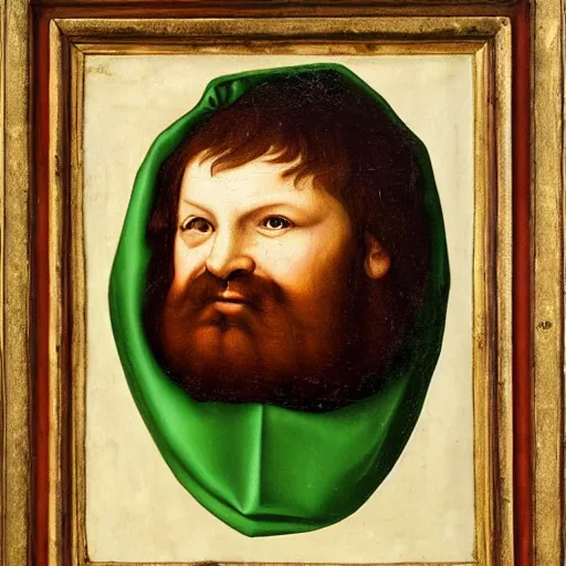 Image similar to detailed renaissance portrait painting of gentleman dwarf with green wearing brown tuxedo