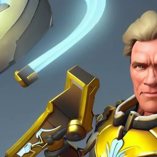 Image similar to a screenshot of arnold schwarzenegger as mercy in overwatch, full body shot