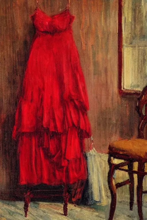 Image similar to an empty red dress laid across a chair in a dark victorian era room. in the style of american impressionism painting.