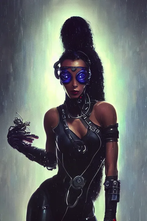 Prompt: cyberpunk Normani as aeon flux profile picture by Greg Rutkowski, dynamic pose, intricate, futuristic, fantasy, elegant, by Stanley Artgerm Lau, greg rutkowski, thomas kindkade, alphonse mucha, loish, norman Rockwell, metal chrome, shiny, rainy background, asymmetric, afro hair,