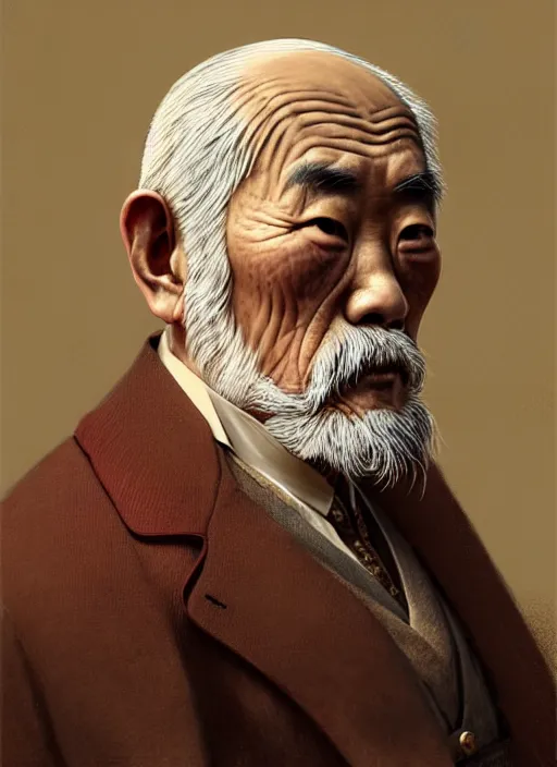 Image similar to a portrait of an old asian man with a crooked nose in victorian clothing, confident pose, intricate, elegant, sharp focus, illustration, highly detailed, concept art, matte, trending on artstation, anime, art by james jean and artgerm and brian despain and alberto mielgo, greg rutkowski, wlop, ilya kuvshinov, strong strokes