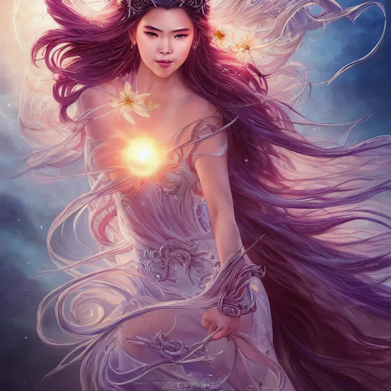 Image similar to beautiful cinematic fantasy poster, a beautiful vietnamese goddess wearing a long flowy ao yai with enbroidered flowers with flowing illuminated hair, beautiful glowing galaxy eyes, wideshot ultrawide angle epic scale, hybrid from The Elden Ring and art direction by Darius Zawadzki ;by artgerm; wayne reynolds art station; cinematic quality character render; low angle; ultra high quality model; production quality cinema model;