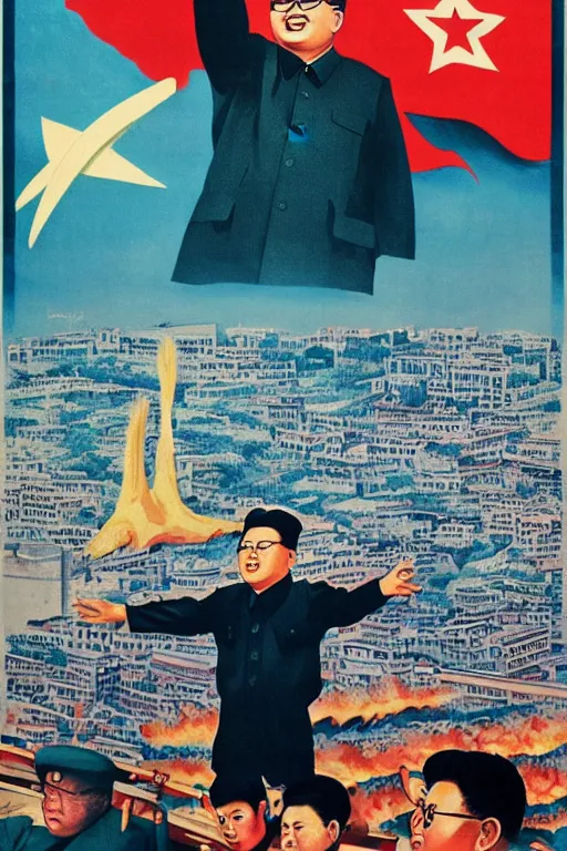 Prompt: a communist propaganda poster of Kim Jong-il and a giant starfish Kaiju monster destroying Pyongyang, traditional Korean city, palace, epic ultrawide shot, cinémascope