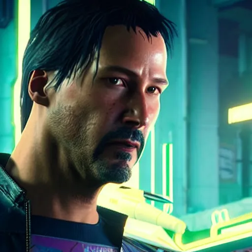 Image similar to photo of a Keanu Reaves in the Cyberpunk 2077 game