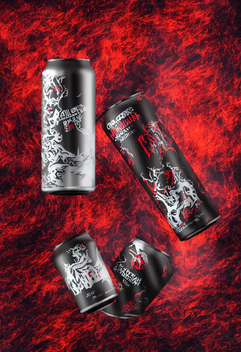 Prompt: one aluminium can of a dragon-flavored energy drink, professional studio photography, black sand and red lava background, packshot