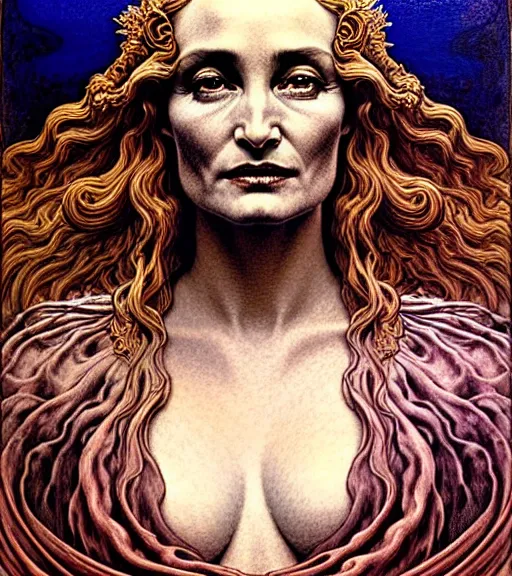 Image similar to detailed realistic beautiful young jessica lange as queen of mars face portrait by jean delville, gustave dore and marco mazzoni, art nouveau, symbolist, visionary, gothic, pre - raphaelite. horizontal symmetry by zdzisław beksinski, iris van herpen, raymond swanland and alphonse mucha. highly detailed, hyper - real, beautiful